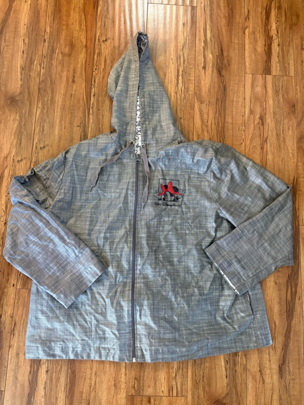 Disney Light Gray Hooded Rain Jacket with Minnie Bow Patch